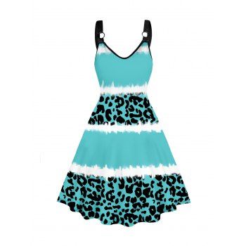 

Plus Size Dress Leopard Tie Dye Print O-ring Strap V Neck A Line Midi Dress, Light blue