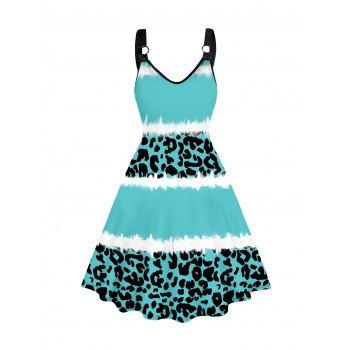 

Plus Size Dress Leopard Tie Dye Print O-ring Strap V Neck A Line Midi Dress, Light blue