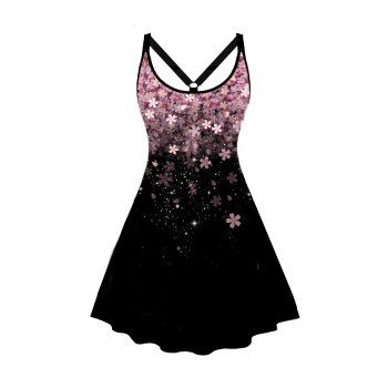 

Plus Size Dress Flower Print Colorblock Cut Out Sleeveless A Line Mini Curve Dress, Light pink