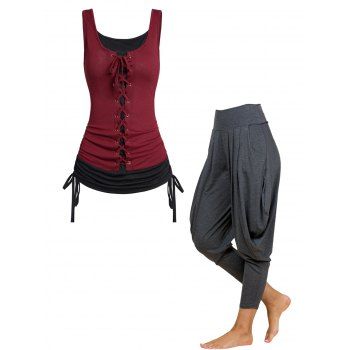 

Colorblock Lace Up Cinched Ruched Long Tank Top And Pleated Draped Lantern Pants Casual Outfit, Multicolor