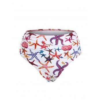

Starfish Print Swimsuit Briefs High Waisted Ruched Swimwear Bottom, White