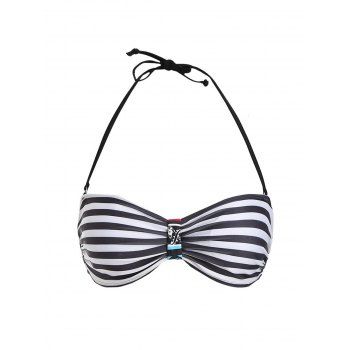 

Striped Print Bikini Bra Padded Wire Free Halter Bikini Top, Black