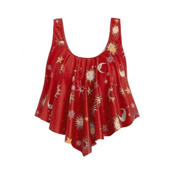 

Sun Stars Moon Print Pointed Hem Padded Tankini Top, Deep red