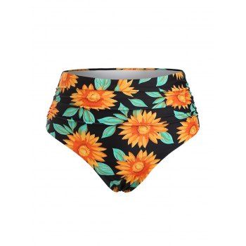 

Sunflower Leaf Print Swimming Bottom High Waisted Ruched Swimsuit Briefs, Black