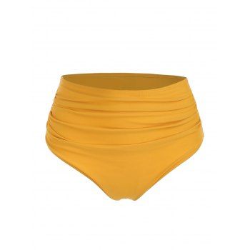 

High Waisted Swim Bottom Ruched Plain Color Swim Briefs, Yellow