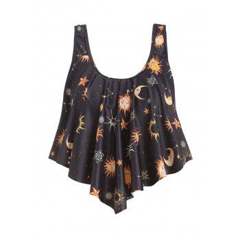 

Sun Moon Star Print Swimsuit Top Pointed Hem Padded Tankini Swimwear Top, Black