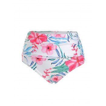 

Flower Print Swim Bottom High Waisted Ruched Swim Briefs, White