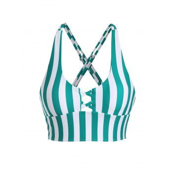 

Contrasting Vertical Stripe Print Swim Top Crisscross Adjustable Straps Padded Swimming Top, Green