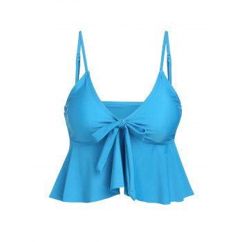 

Plain Color Tankini Swimsuit Top Bowknot Tied Flounce Spaghetti Strap Padded Swimwear Top, Light blue