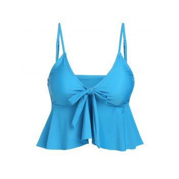 

Plain Color Tankini Swimsuit Top Bowknot Tied Flounce Spaghetti Strap Padded Swimwear Top, Light blue