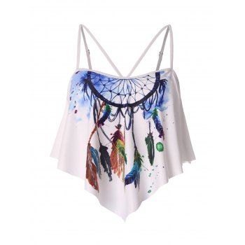 

Feather Dreamcatcher Print Flounce Swim Top Padded Spaghetti Strap Swimming Top, White