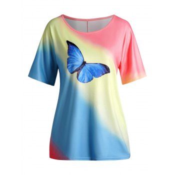 

Colorful Ombre Tie Dye Butterfly Print T-shirt Raglan Sleeve Scoop Neck Pastel Tee, Multicolor