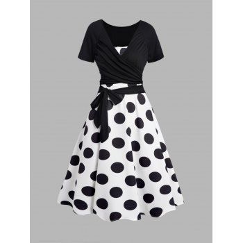 

Polka Dots Print Sleeveless A Line Midi Dress And Crossover Bowknot Tied Plain Cropped Top Set, Black