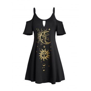 

Plus Size Mini Dress Sun Moon Print Cold Shoulder Keyhole Scoop Neck Casual Dress, Black
