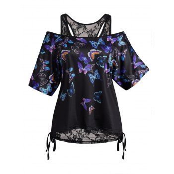 

Plus Size Top Sheer Lace Cinched Tank Top And Colored Butterfly Print T Shirt Set, Black