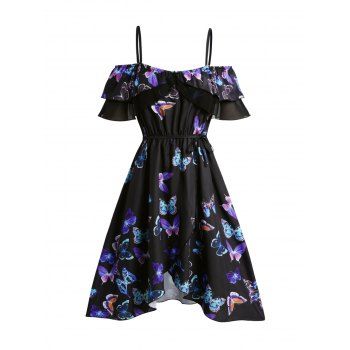 

Plus Size Dress Butterfly Print Cold Shoulder Mesh Foldover Tied Side High Waisted Overlay Asymmetrical Dress, Black