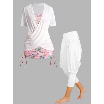

Flower Leaf Print Crossover Cinched Long Faux Twinset T Shirt And Pleated Draped Lantern Pants Casual Outfit, Multicolor