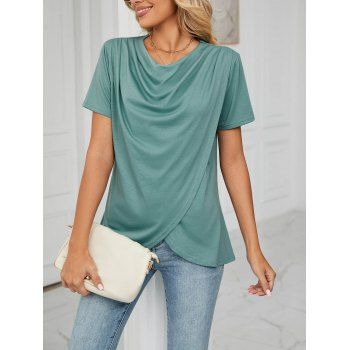

Ruched Draped Tulip Hem T-shirt Solid Color Short Sleeve Casual Tee, Green