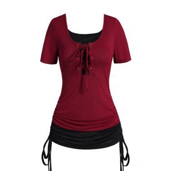 

Contrast Colorblock T Shirt Lace Up Round Neck Long Tee, Deep red
