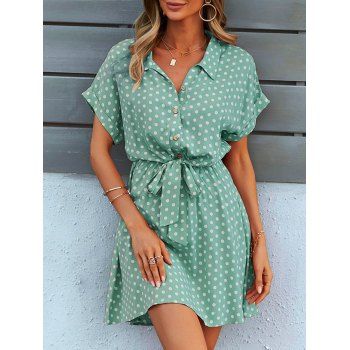 

Polka Dots Print Half Button Mini Dress Bowknot Elastic Waist Short Sleeve Dress, Light green