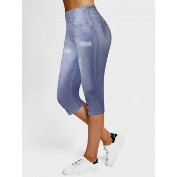 

Faux Denim 3D Print Capri Jeggings Elastic Waist Cropped Leggings, Blue