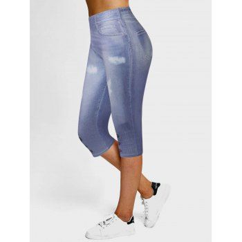 

Faux Denim 3D Print Capri Jeggings Elastic Waist Cropped Leggings, Blue