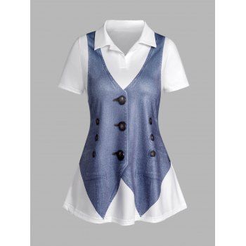 

Faux Denim Vest 3D Print T-shirt Short Sleeve Turndown Collar Tee, Blue