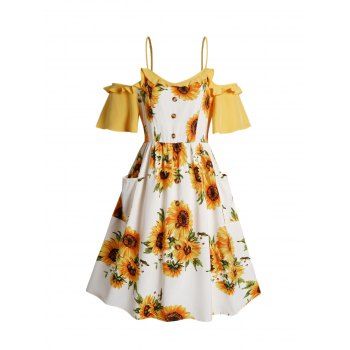 

Plus Size Midi Dress Two Tone Color Sunflower Print Cold Shoulder Ruffle Mock Button Patch Design A Line Dress, Yellow