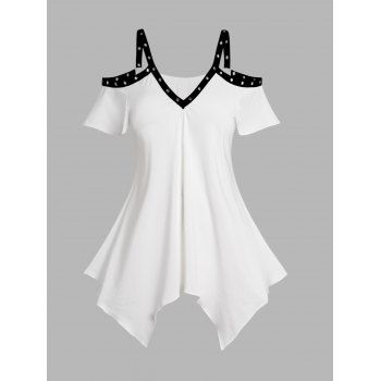 

Plus Size T Shirt Contrast Colorblock Grommet Cold Shoulder Asymmetrical Casual Tee, White