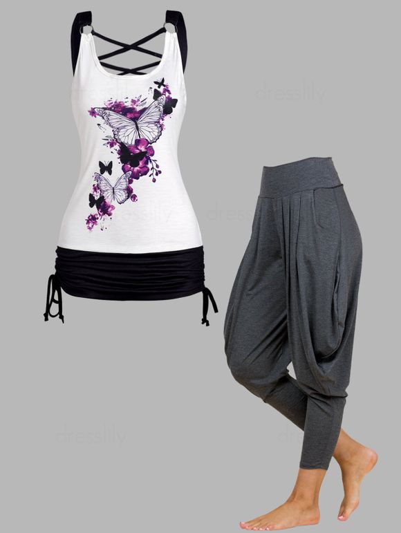 Ensemble de Débardeur Croisé à Imprimé Fleur et Papillon en Blocs de Couleurs et Pantalon Lanterne Drapé à Taille Elastique - multicolor S
