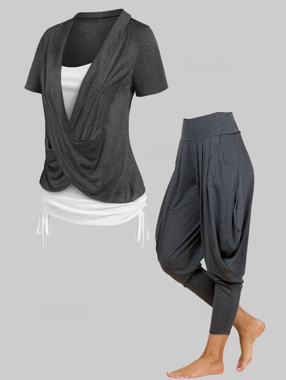 Ensemble de T-shirt Croisé en Blocs de Couleurs de Faux Deux Pièces et Pantalon Lanterne à Taille Haute - Gris S