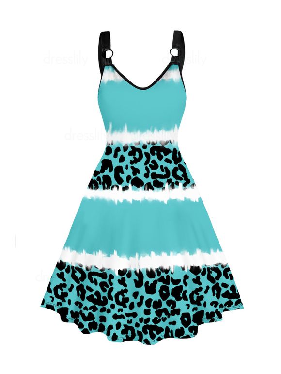 Plus Size Dress Leopard Tie Dye Print O-ring Strap V Neck A Line Midi Dress - LIGHT BLUE 5X