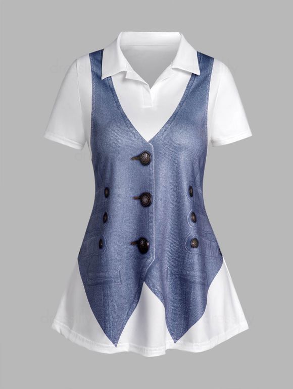 Faux Denim Vest 3D Print T-shirt Short Sleeve Turndown Collar Tee - BLUE XXL