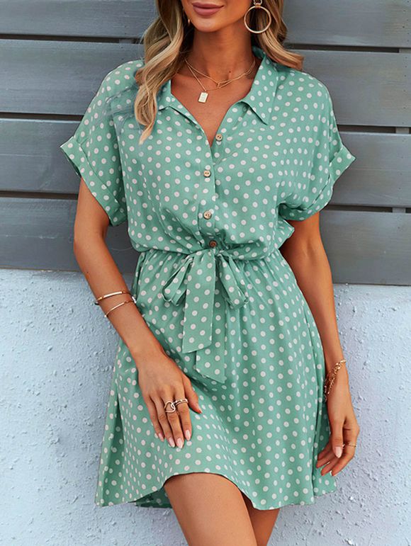 Mini Robe Demi-Bouton Taille Elastique à Imprimé Pois avec Nœud Papillon - Vert clair XL