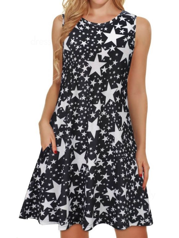 Mini Robe Décontractée à Imprimé Etoile Contrastée sans Manches à Col Rond - Noir L