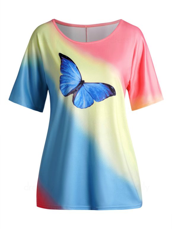 T-shirt Pastel à Imprimé Papillon Coloré Ombré Tie Dye Manches Raglan à Col Dégagé - multicolor L