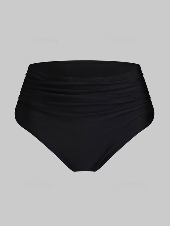 Culotte de Maillot de Bain Taille Haute Froncée de Couleur Unie - Noir XXL