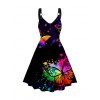 Plus Size Dress Butterfly Splash Painting Print V Neck O-ring Strap A Line Midi Dress - BLACK 1X
