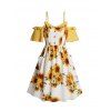 Plus Size Midi Dress Two Tone Color Sunflower Print Cold Shoulder Ruffle Mock Button Patch Design A Line Dress - YELLOW 5X