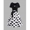 Polka Dots Print Sleeveless A Line Midi Dress And Crossover Bowknot Tied Plain Cropped Top Set - BLACK S