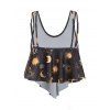Top de Bain Tankini à Imprimé Etoile Lune et Soleil Matelassé à Ourlet Pointu - Noir XL
