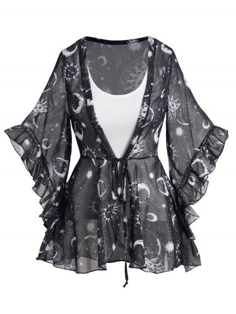 Celestial Sun Moon Star Print See Thru Ruffles Tied Blouse And Basic Pure Color Camisole Two Piece Set