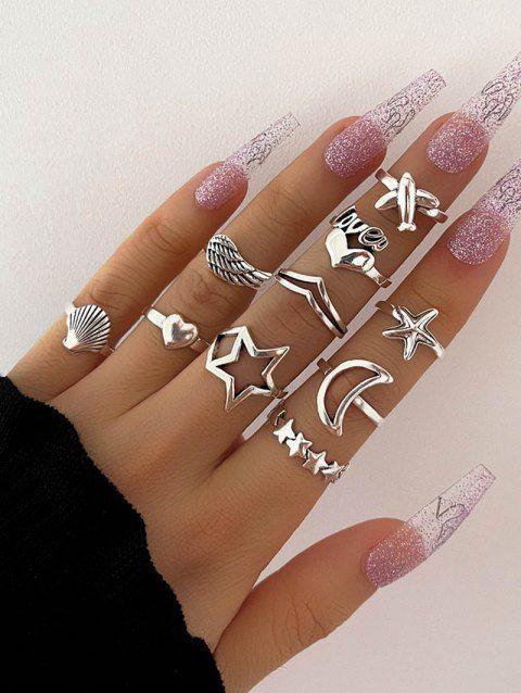 10Pcs Hollow Out Moon Star Wing Shell Round Finger Rings Set