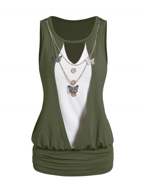 Contrast Colorblock Tank Top Keyhole Ruched Mock Button Tank Top With Butterfly Chain