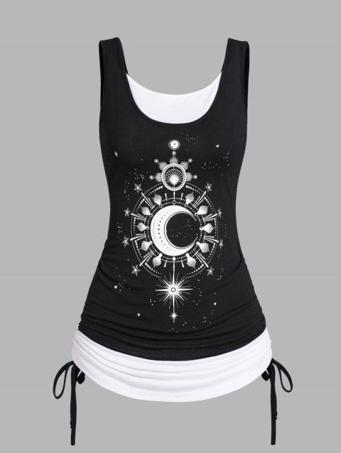 Colorblock  Faux Twinset Tank Top Cinched Moon Planet Star Print Twofer Tank Top