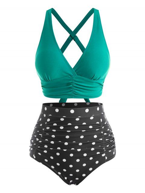 Tummy Control Tankini Swimsuit Vintage Swimwear Polka Dot Ruched Crisscross Summer Beach Bathing Suit