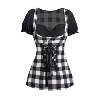 

Plaid Print Lace Up T-shirt Puff Sleeve Sweetheart Neck Faux Twinset Tee, Black