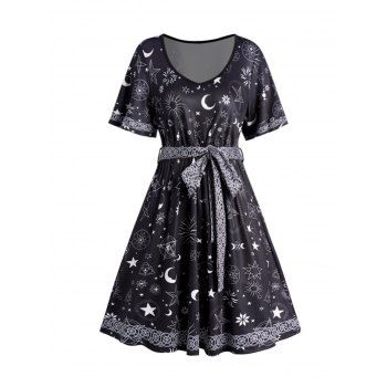 

Moon Star Floral Allover Print Belted Mini Dress Short Sleeve Scoop Neck Ealstic Waist Dress, Black