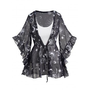 

Celestial Sun Moon Star Print See Thru Ruffles Tied Blouse And Basic Pure Color Camisole Two Piece Set, Black