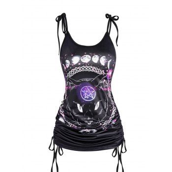 

Galaxy Moon Phase Cat Chain Print Gothic Tank Top Tie Knot Shoulder Strap Cinched Multi-way Camisole, Black
